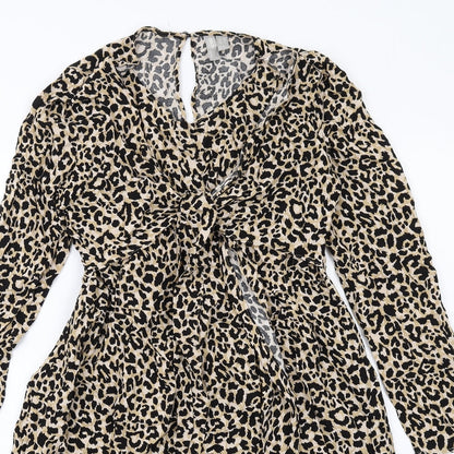 ASOS Womens Beige Animal Print Viscose A-Line Size 12 Round Neck Zip - Leopard Print , Twist Detail