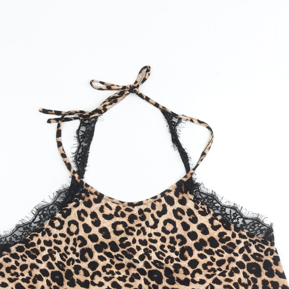 New Look Womens Brown Animal Print Polyester Camisole Tank Size L Halter - Leopard Print Lace Detail