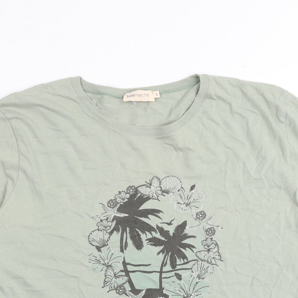 Bonmarché Womens Green 100% Cotton Basic T-Shirt Size L Round Neck - Palm Trees