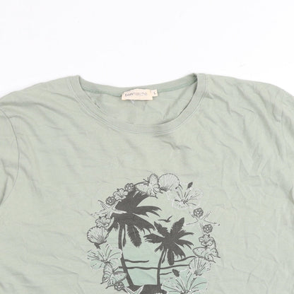 Bonmarché Womens Green 100% Cotton Basic T-Shirt Size L Round Neck - Palm Trees