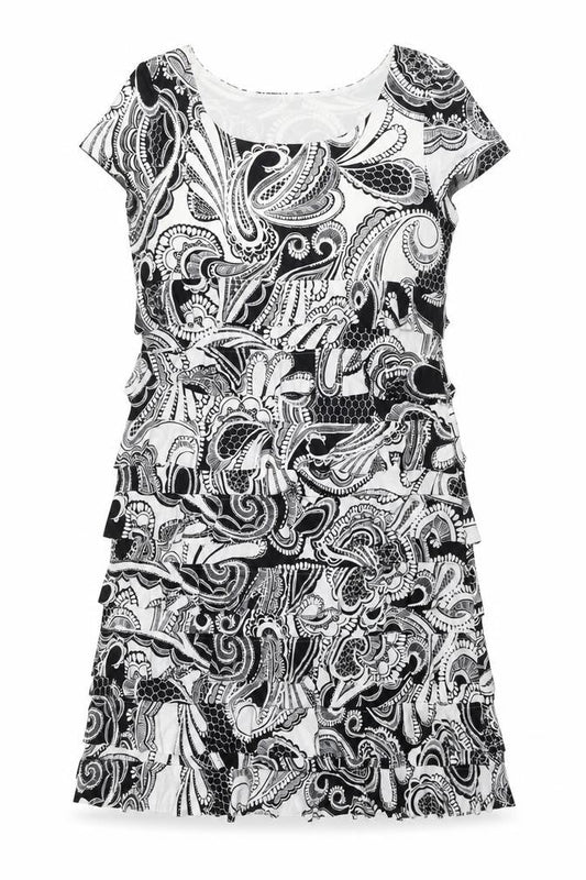 Front view of Roman women’s black geometric polyester shift, size UK 14, round neck pullover
