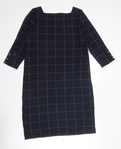 Marks and Spencer Womens Blue Check Cotton A-Line Size 14 Square Neck Pullover