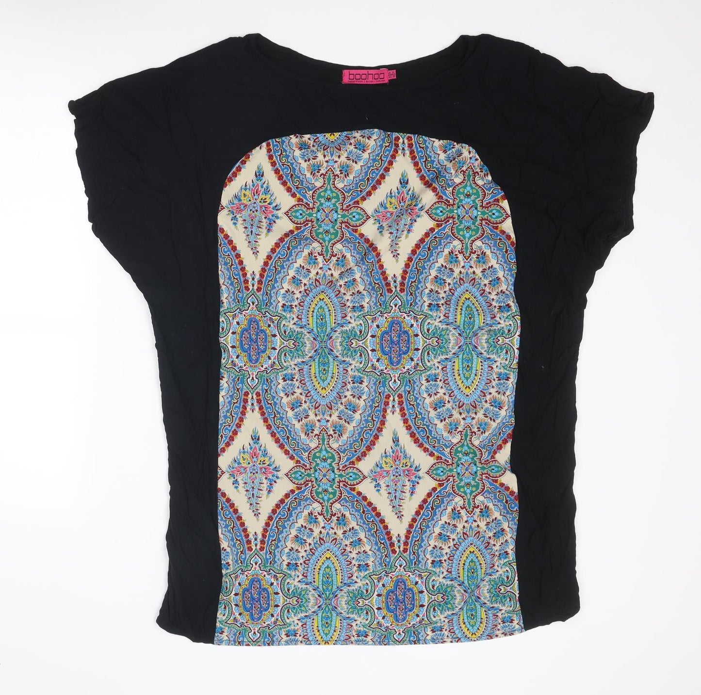 Boohoo Womens Black Geometric Polyester A-Line Size 14 Round Neck Pullover