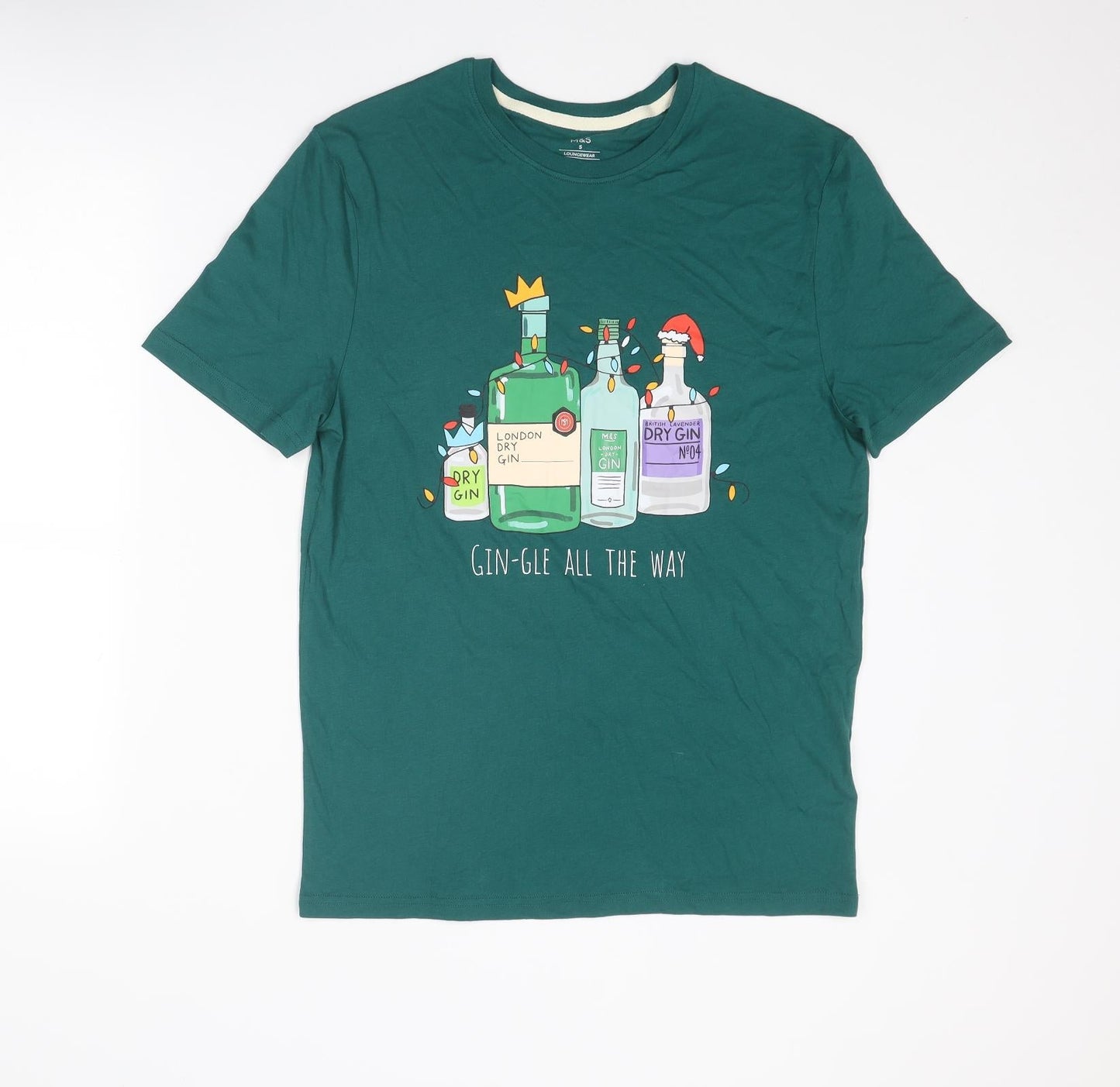 Marks and Spencer Mens Green Cotton T-Shirt Size S Round Neck - Gin-gle All The Way