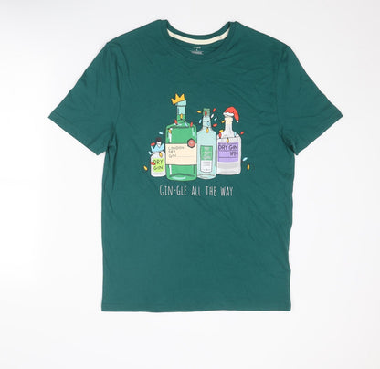 Marks and Spencer Mens Green Cotton T-Shirt Size S Round Neck - Gin-gle All The Way