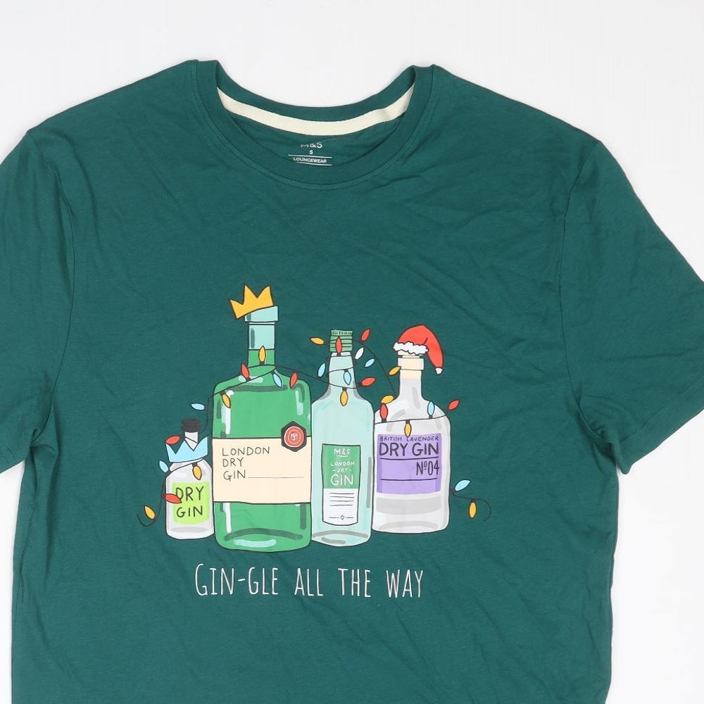 Marks and Spencer Mens Green Cotton T-Shirt Size S Round Neck - Gin-gle All The Way