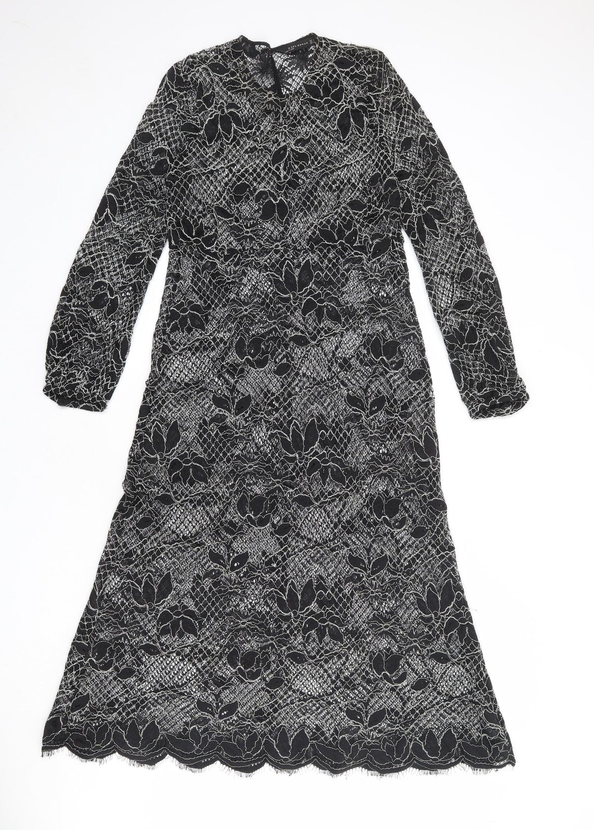 Zara Womens Black Floral Polyester A-Line Size S Round Neck Button