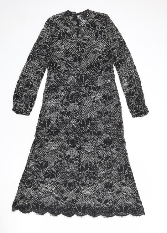 Zara Womens Black Floral Polyester A-Line Size S Round Neck Button