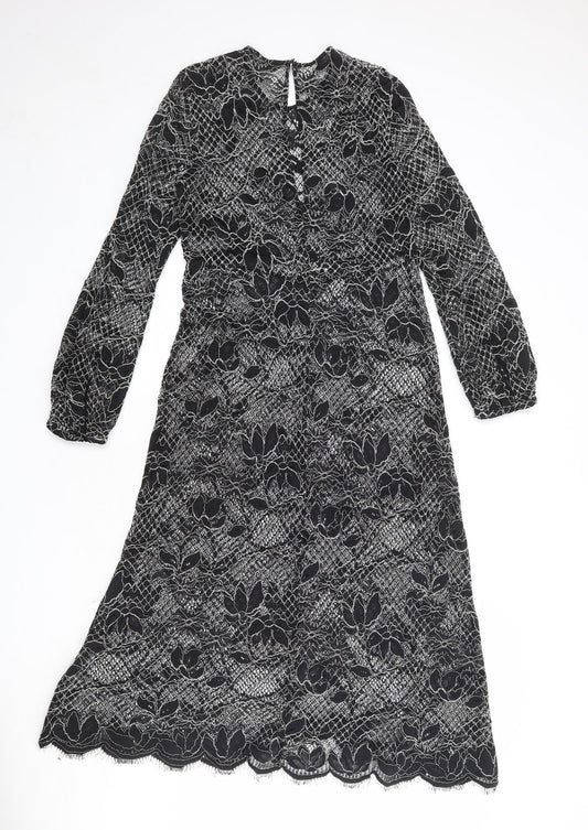Zara Womens Black Floral Polyester A-Line Size S Round Neck Button