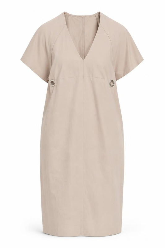 Front view of ASOS women’s beige polyester shift, size UK 10, v-neck pullover
