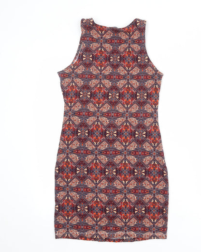 New Look Womens Multicoloured Geometric Cotton Bodycon Size 10 Scoop Neck Pullover