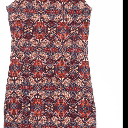 New Look Womens Multicoloured Geometric Cotton Bodycon Size 10 Scoop Neck Pullover
