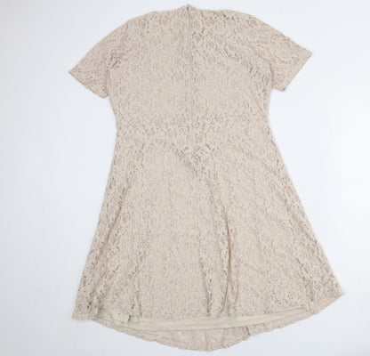 Marks and Spencer Womens Beige Floral Cotton Trapeze & Swing Size 16 Round Neck Zip