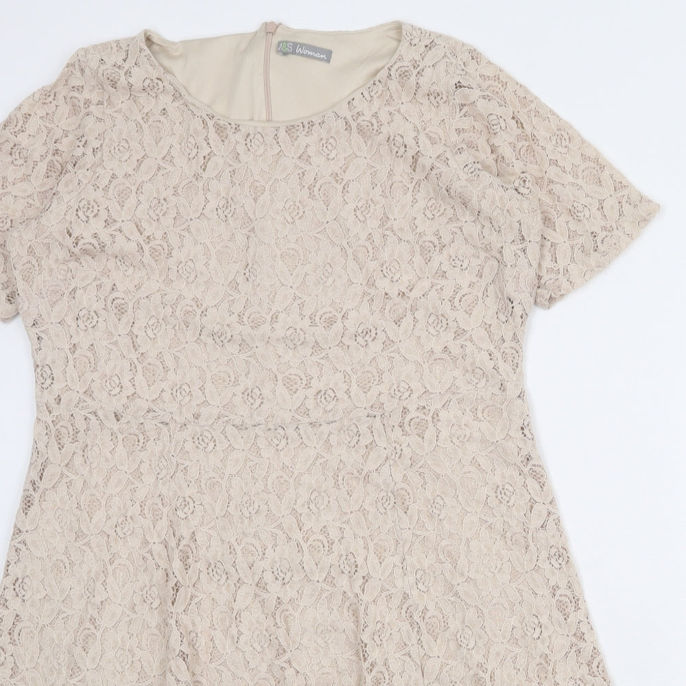 Marks and Spencer Womens Beige Floral Cotton Trapeze & Swing Size 16 Round Neck Zip