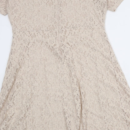 Marks and Spencer Womens Beige Floral Cotton Trapeze & Swing Size 16 Round Neck Zip