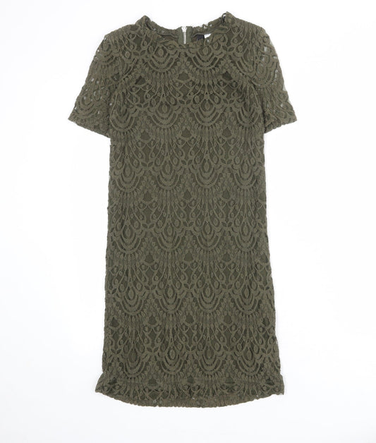 Divided by H&M Womens Green Geometric Cotton A-Line Size 10 Round Neck Zip