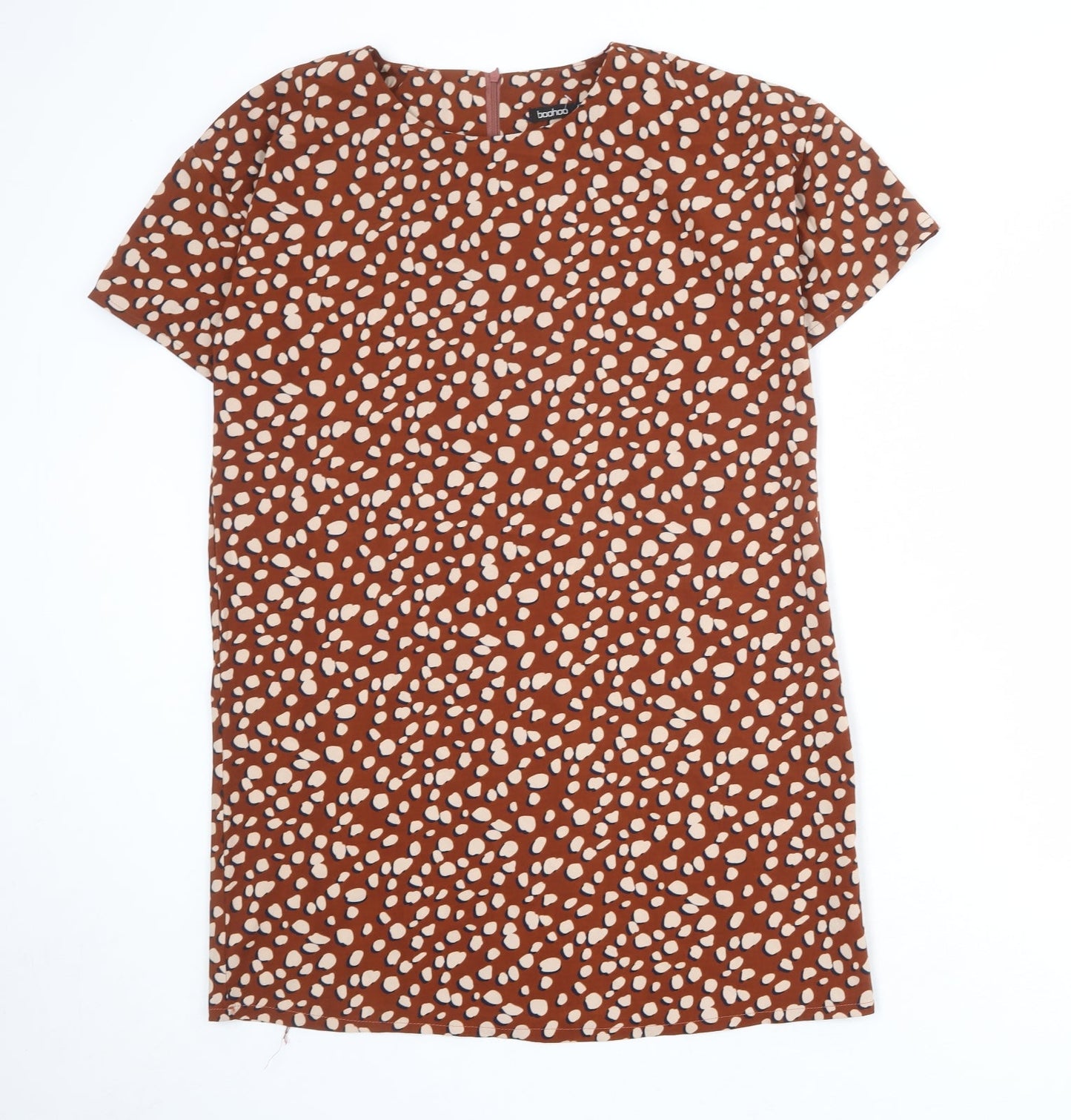 Boohoo Womens Brown Floral Polyester A-Line Size 12 Round Neck Zip