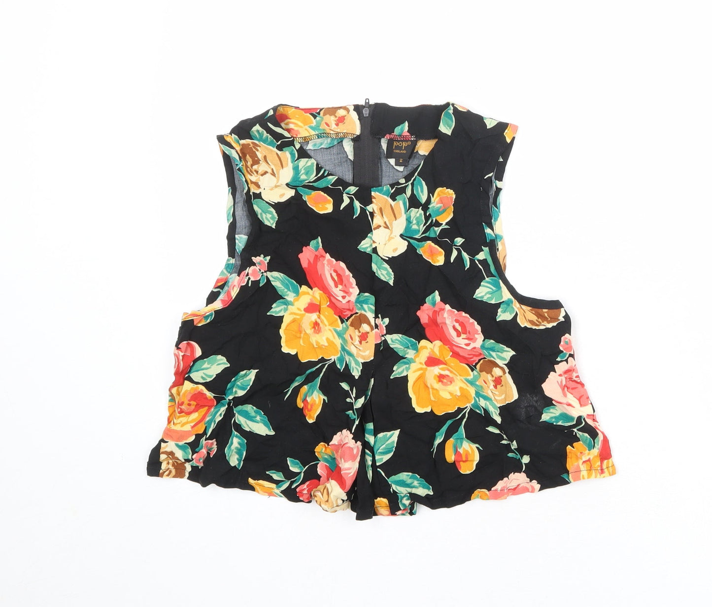 POP Womens Black Floral Viscose Cropped Blouse Size S Boat Neck