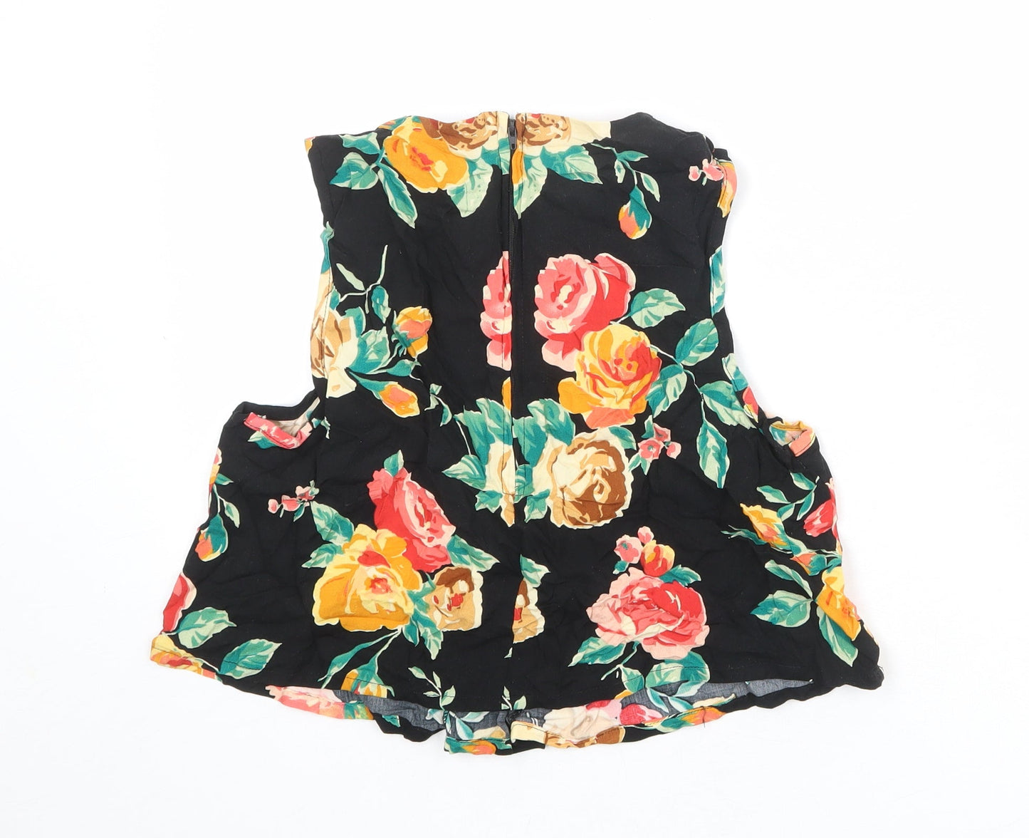 POP Womens Black Floral Viscose Cropped Blouse Size S Boat Neck
