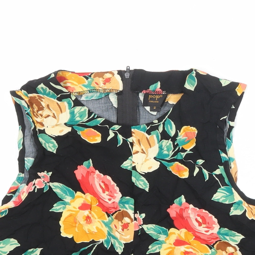 POP Womens Black Floral Viscose Cropped Blouse Size S Boat Neck