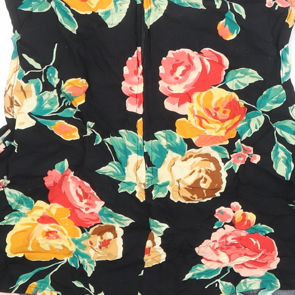 POP Womens Black Floral Viscose Cropped Blouse Size S Boat Neck