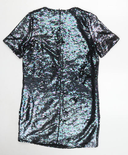 Glamorous Womens Black Polyester A-Line Size S Round Neck Zip - Reversible sequin