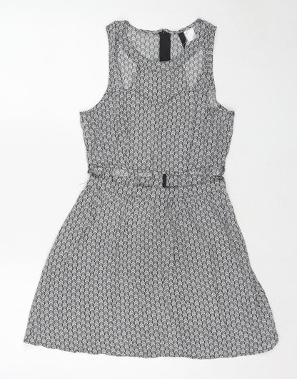 Divided by H&M Womens Black Geometric Viscose Tank Dress Size 10 Round Neck Zip