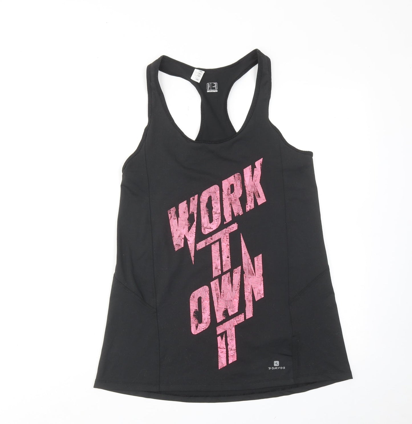 DECATHLON Womens Black Polyester Basic Tank Size S Scoop Neck Pullover - Slogan