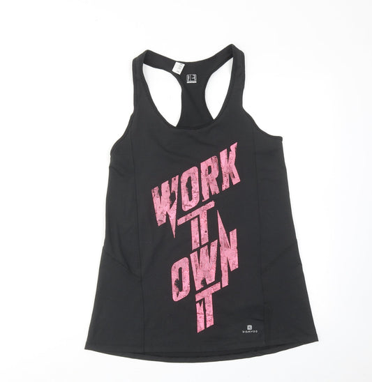 DECATHLON Womens Black Polyester Basic Tank Size S Scoop Neck Pullover - Slogan