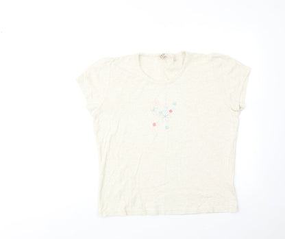 EWM Womens Beige Cotton Basic T-Shirt Size 18 Crew Neck - Floral Detail