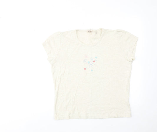 EWM Womens Beige Cotton Basic T-Shirt Size 18 Crew Neck - Floral Detail