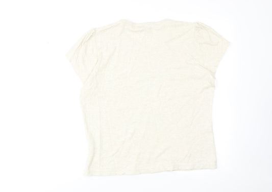 EWM Womens Beige Cotton Basic T-Shirt Size 18 Crew Neck - Floral Detail