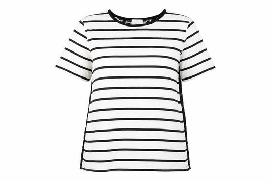 Front view of ASOS women’s white striped viscose basic t-shirt, size UK 12, round neck - lace details