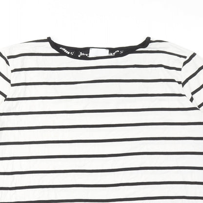 ASOS Womens White Striped Viscose Basic T-Shirt Size 12 Round Neck - Lace Details