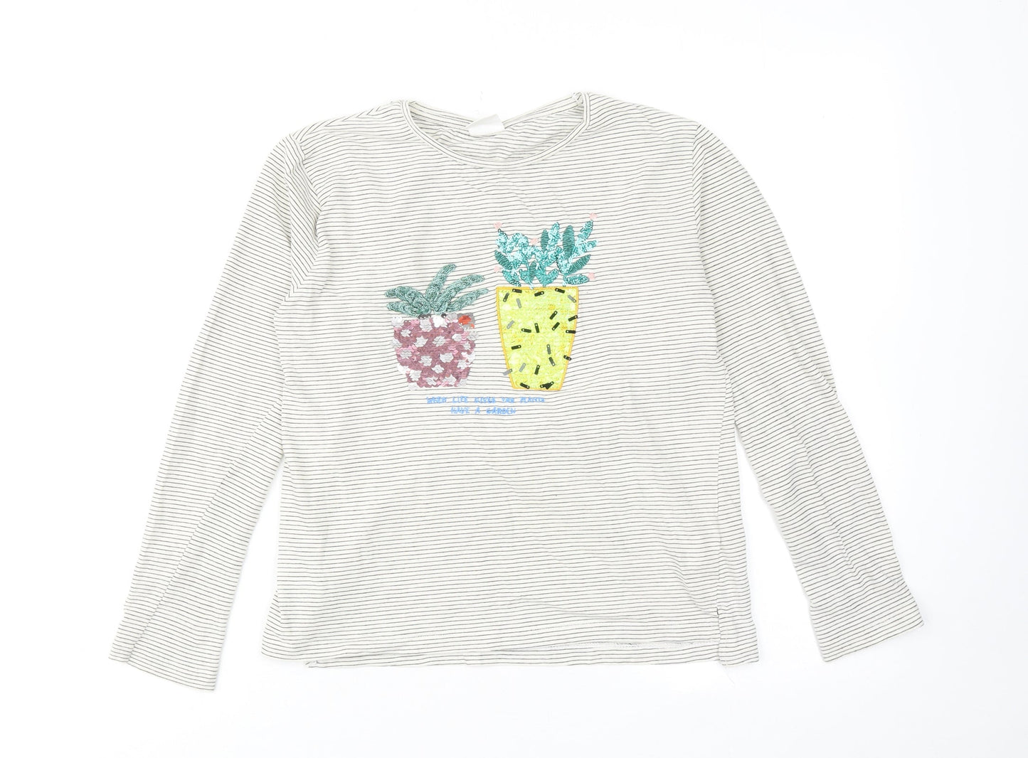 Zara Girls White Striped Cotton Basic T-Shirt Size 11-12 Years Crew Neck Pullover