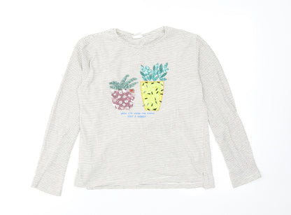 Zara Girls White Striped Cotton Basic T-Shirt Size 11-12 Years Crew Neck Pullover