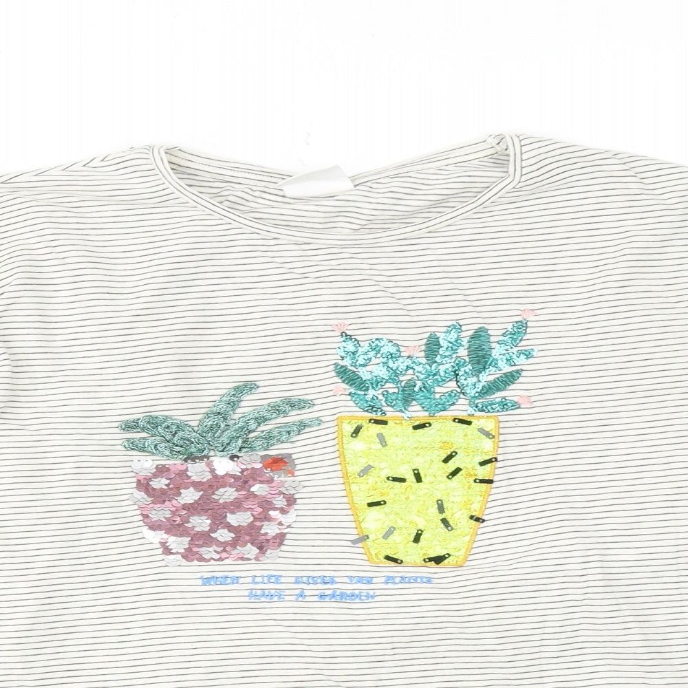 Zara Girls White Striped Cotton Basic T-Shirt Size 11-12 Years Crew Neck Pullover