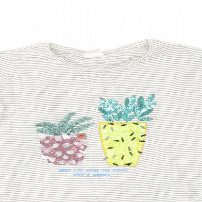 Zara Girls White Striped Cotton Basic T-Shirt Size 11-12 Years Crew Neck Pullover