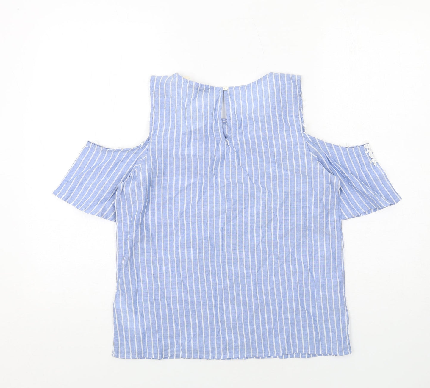 LCW Casual Womens Blue Striped Cotton Basic T-Shirt Size S Round Neck - Cold Shoulder, Lace Detail