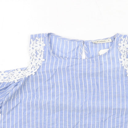 LCW Casual Womens Blue Striped Cotton Basic T-Shirt Size S Round Neck - Cold Shoulder, Lace Detail