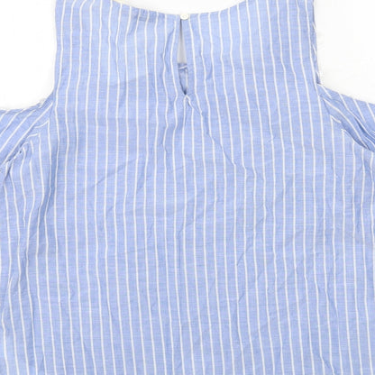 LCW Casual Womens Blue Striped Cotton Basic T-Shirt Size S Round Neck - Cold Shoulder, Lace Detail
