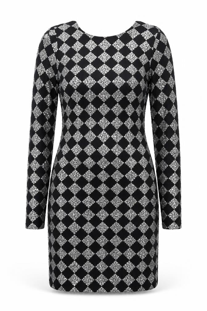 Motel Womens Black Argyle/Diamond Polyester Bodycon Size S Round Neck Pullover