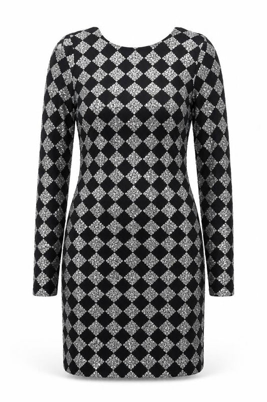 Motel Womens Black Argyle/Diamond Polyester Bodycon Size S Round Neck Pullover