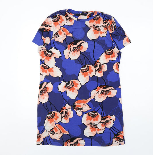 Very Womens Blue Floral Polyester A-Line Size 10 Round Neck Pullover