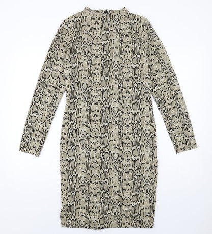 Marks and Spencer Womens Beige Animal Print Polyester A-Line Size 10 Round Neck Zip - Snakeskin pattern