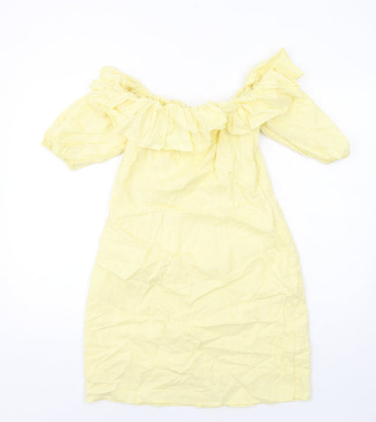 H&M Womens Yellow Linen Mini Size 12 Off the Shoulder Zip