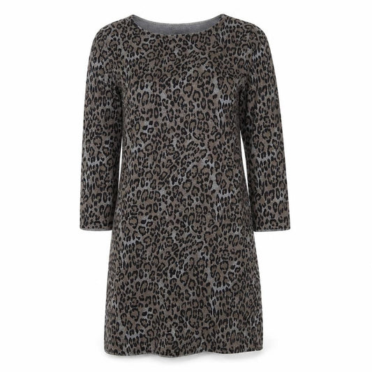 Coercion Womens Grey Animal Print Cotton Jumper Dress Size M Round Neck Pullover - Leopard pattern