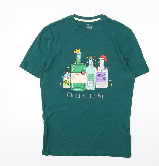 Marks and Spencer Mens Green Cotton T-Shirt Size S Round Neck - Gin-gle All The Way