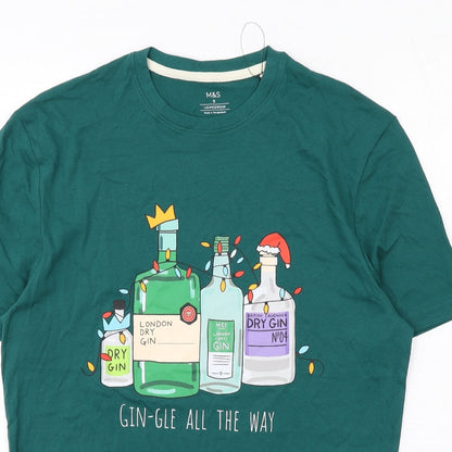 Marks and Spencer Mens Green Cotton T-Shirt Size S Round Neck - Gin-gle All The Way