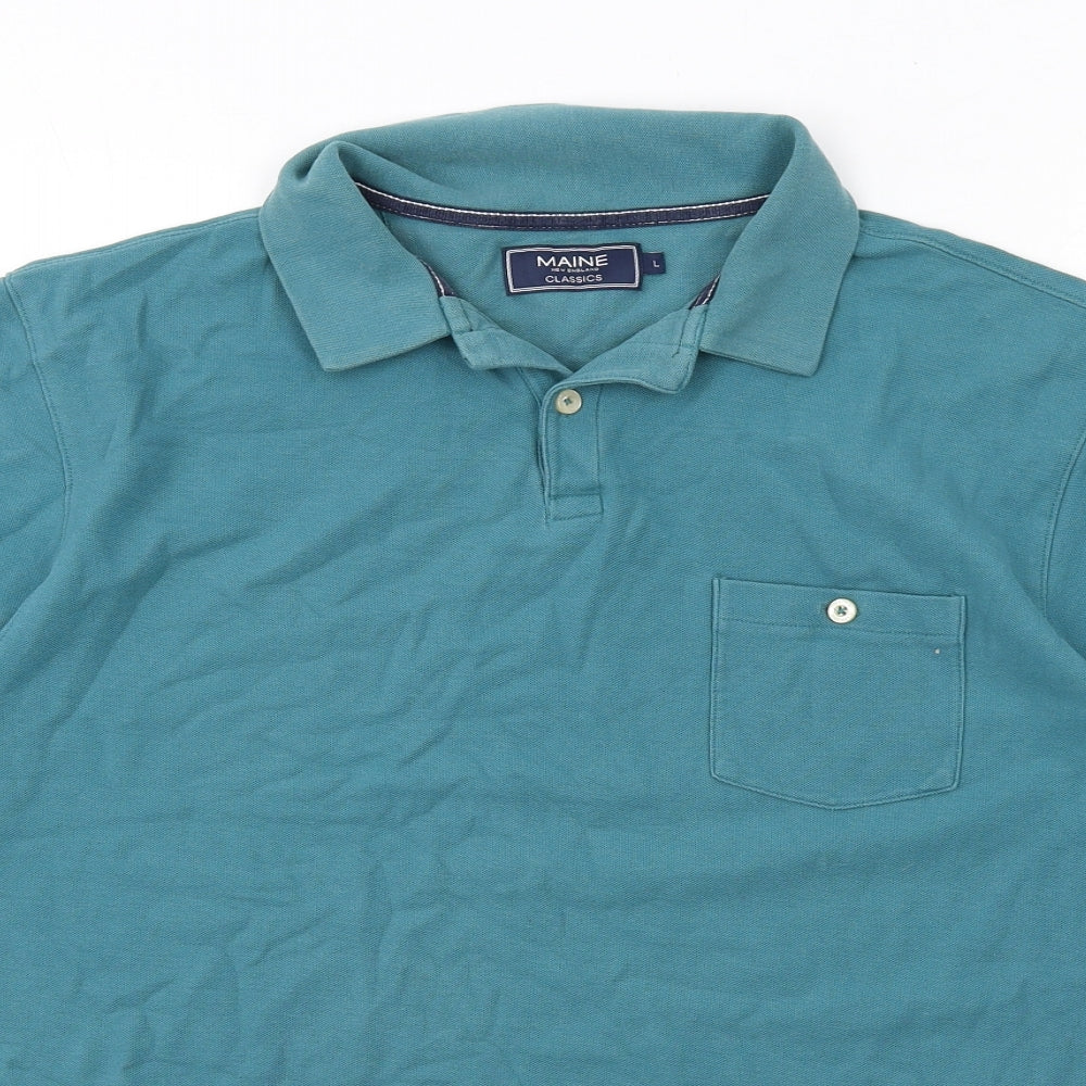 Maine Mens Blue Cotton Polo Size L Collared Button